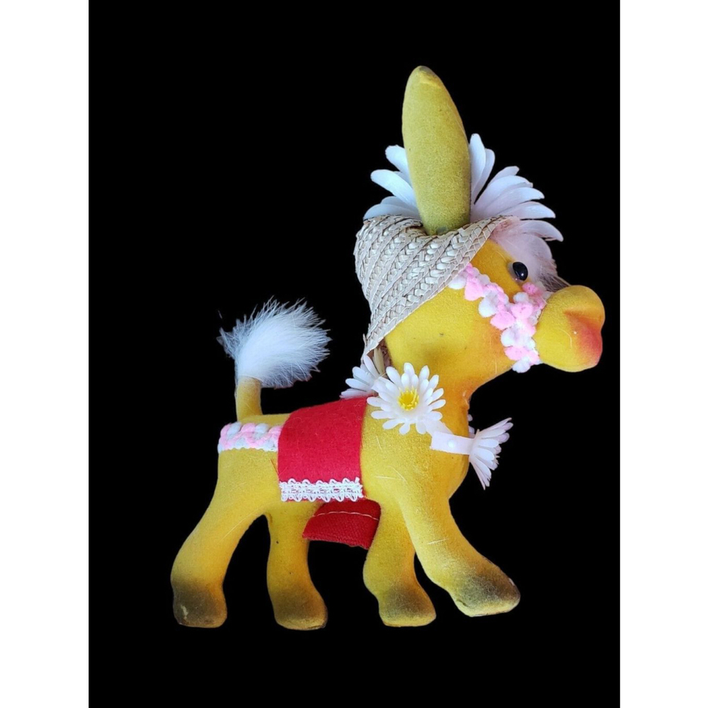 Vintage 1960s Hong Kong Velvet felted plastic Donkey mule yellow - Picture 2 of 10